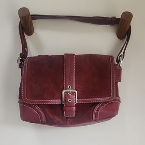 Coach Deep Red Suede and Leather Shoulder Bag